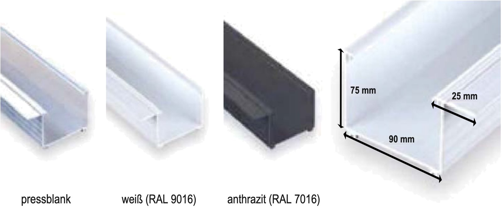 Aluminium-Regenrinne in Pressblank, Weiß RAL 9016 und Anthrazit RAL 7016 sowie Querschnitt mit Profilmaßen